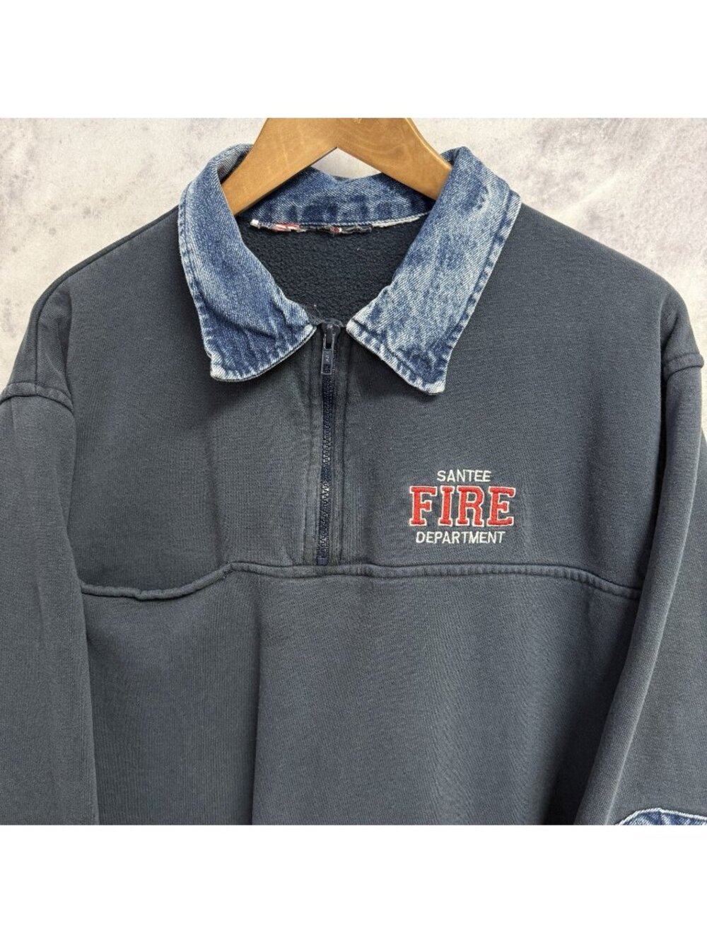 Vintage 90s Santee Fire Dept Sweatshirt Mens Large Blue 1/2 Zip Firefighter 90s